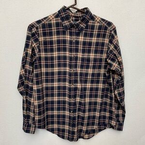 Lands' End Blue, Tan, Red Plaid Button Up Long Sleeve Top Size Medium Women's